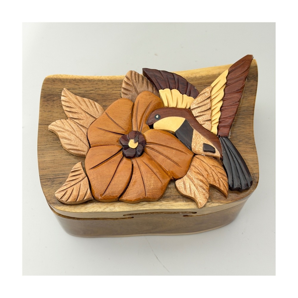 Vintage Intarsia Wood Puzzle Box Brown Hummingbird Hibiscus Flower